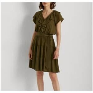 Lauren Ralph Lauren Black Label Women's Size 4‎ Dress Olive Green Ruffle Tiered